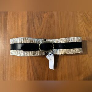 Black and Tan Woven Belt with Gold Buckle